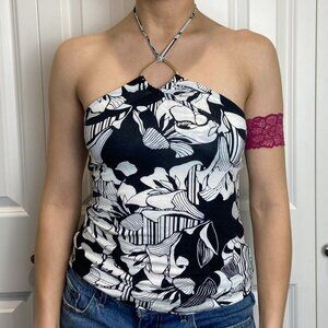 Banana Republic Y2K halter top - stretch black & white floral, tie back
